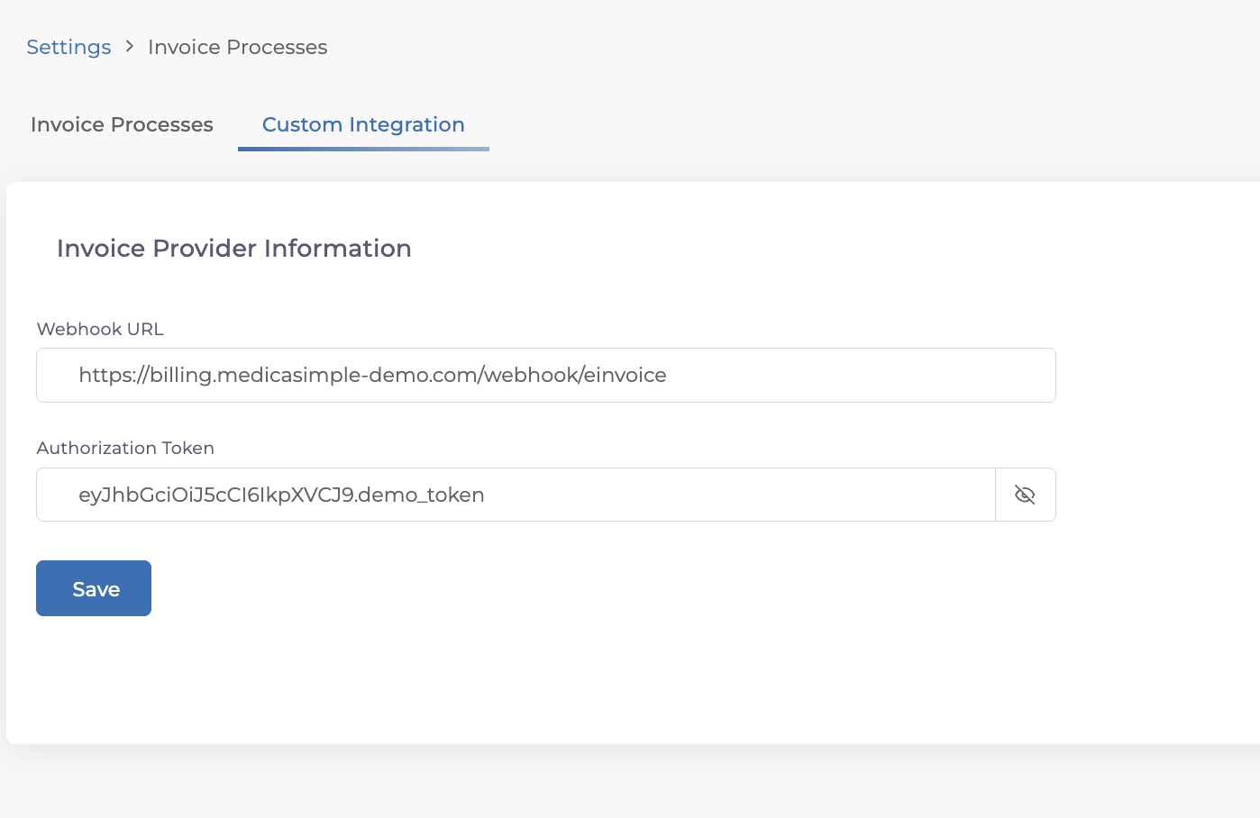 Medicasimple invoice webhook settings screen