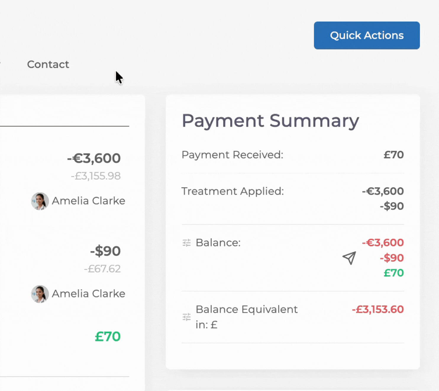 Medicasimple patient balance area with multi-currency details