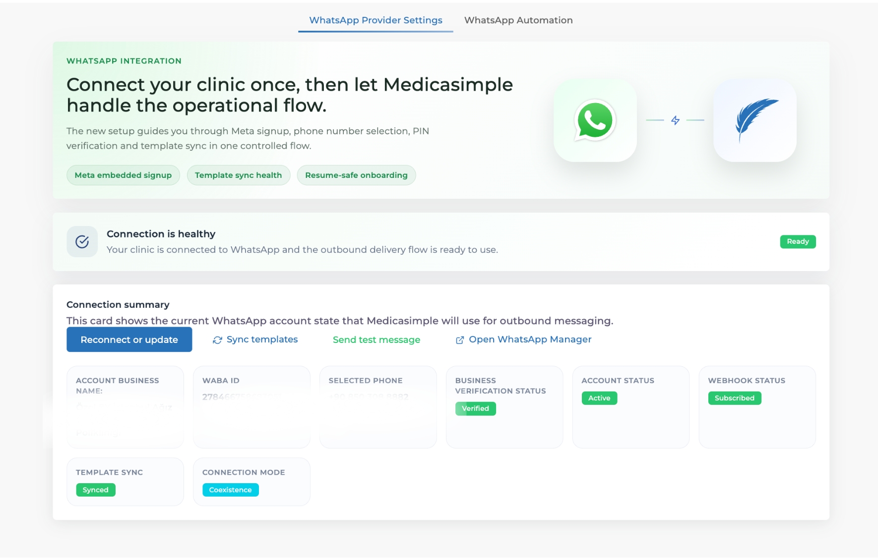 Medicasimple WhatsApp Coexistence setup screen