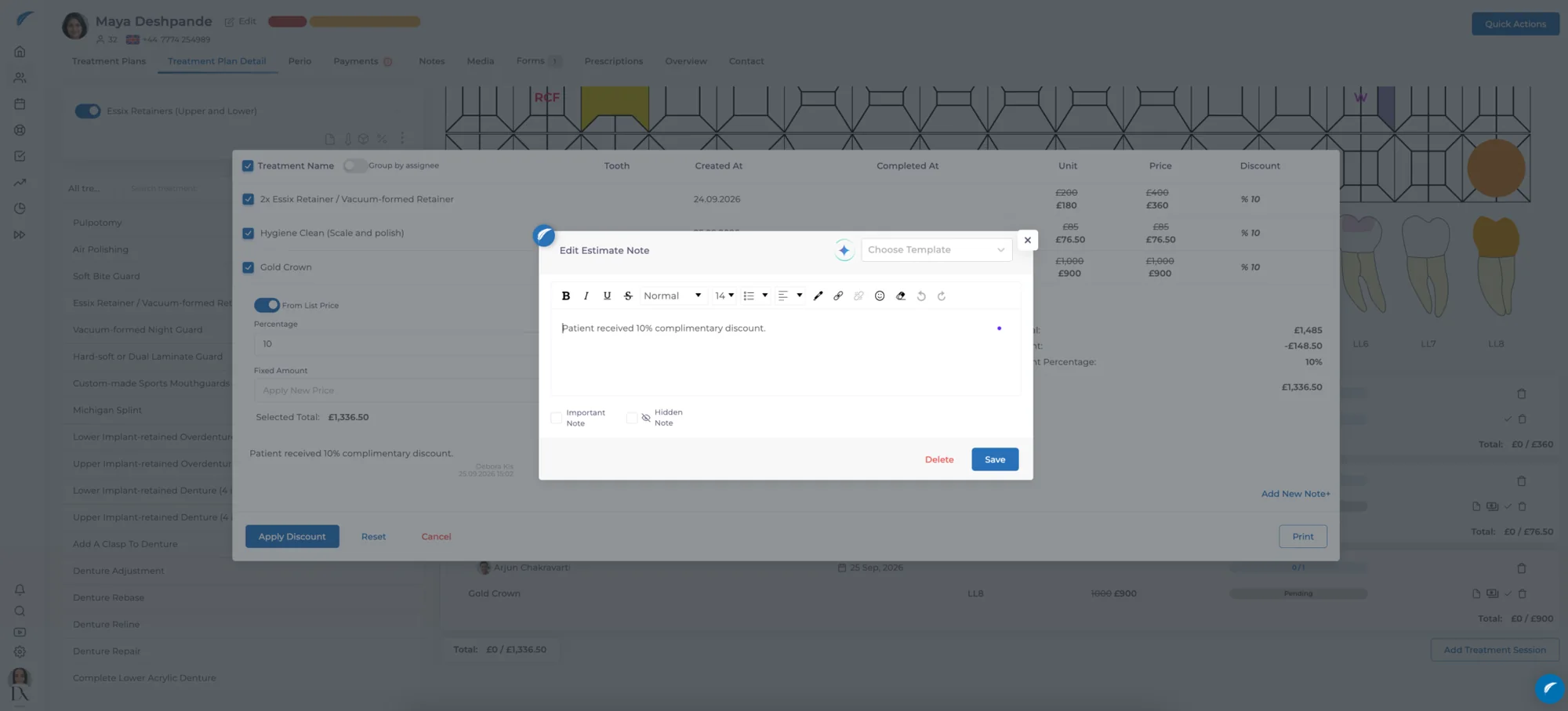 Medicasimple Edit Estimate Note window showing a complimentary discount note and Important Note and Hidden Note options.