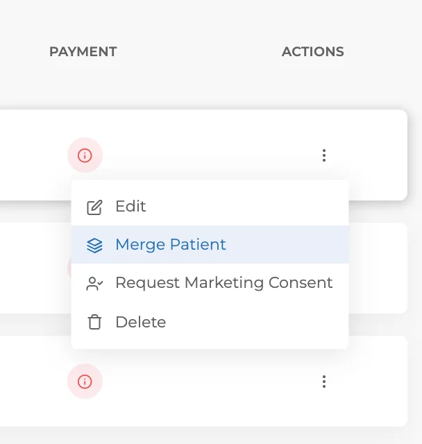 Medicasimple patient Actions menu with Merge Patient selected.