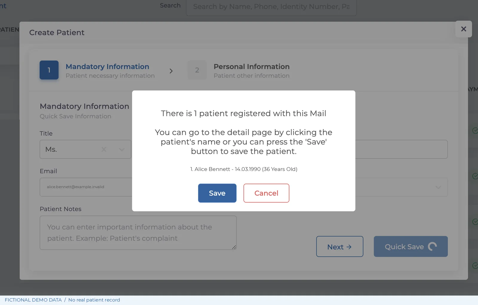 Medicasimple duplicate-record alert during patient registration, shown with fictional demo data.
