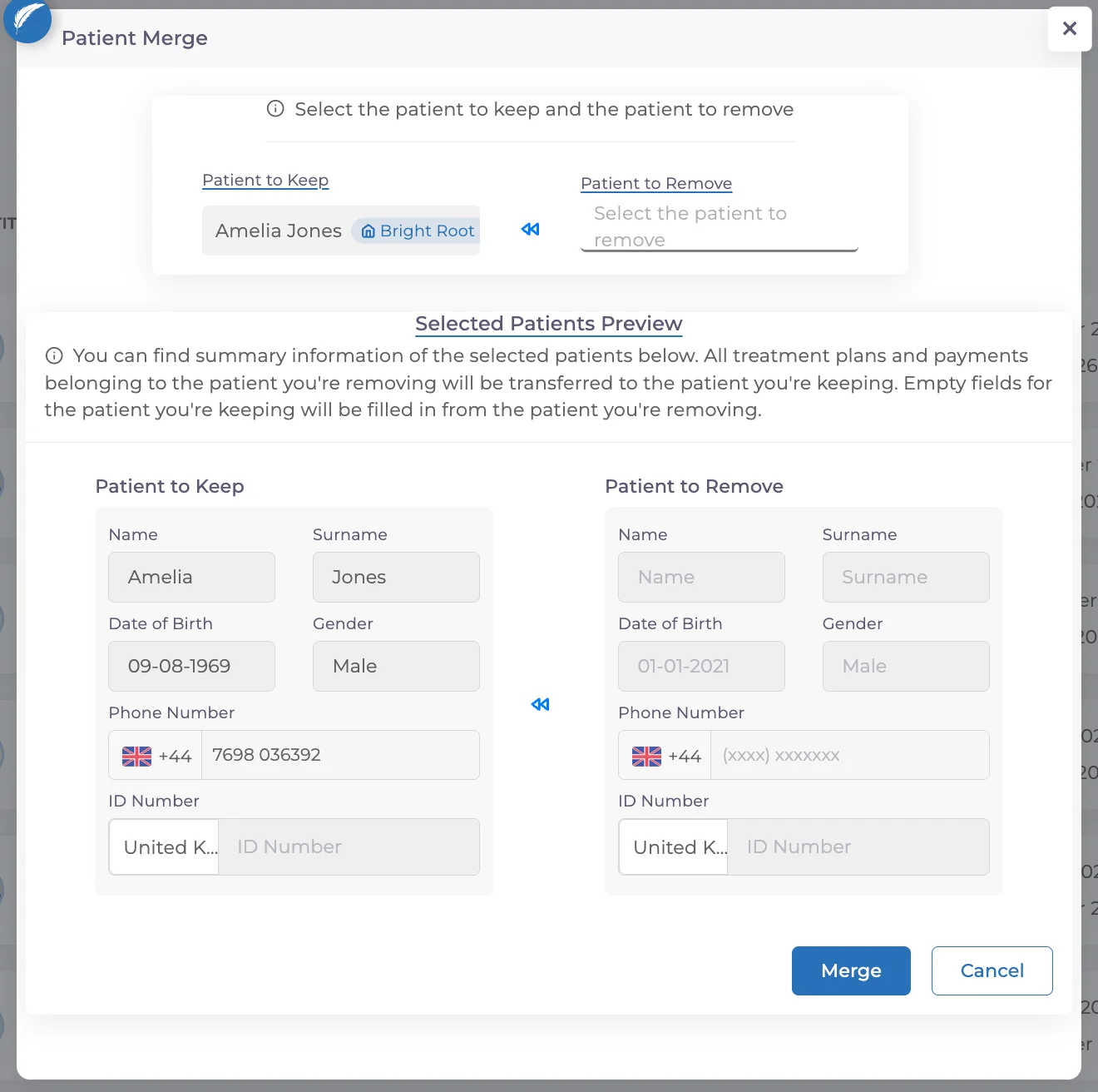 Medicasimple Patient Merge window with Patient to Keep on the left, Patient to Remove on the right and the Merge button below.