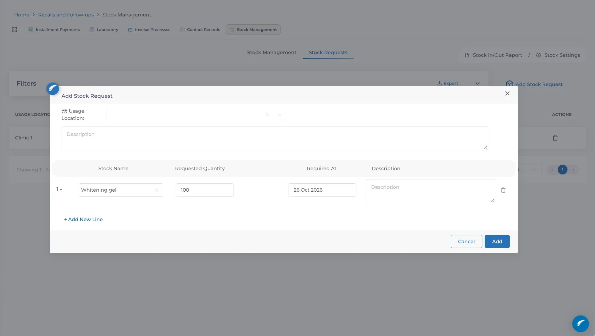 Add Stock Request form with usage location, stock item, requested quantity and required date.