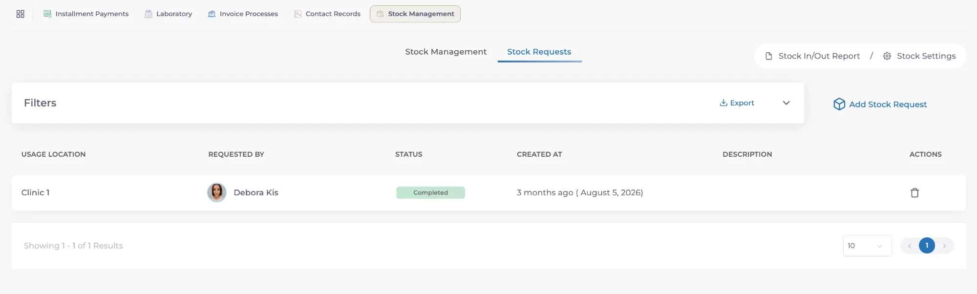 Stock requests list showing usage location, the staff member who requested it and its completed status.