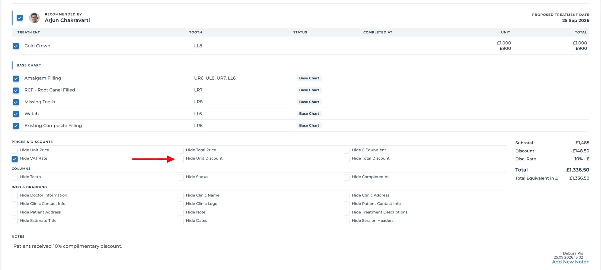 Medicasimple treatment plan print settings with a red arrow pointing to Hide Unit Discount and a payment note displayed below.